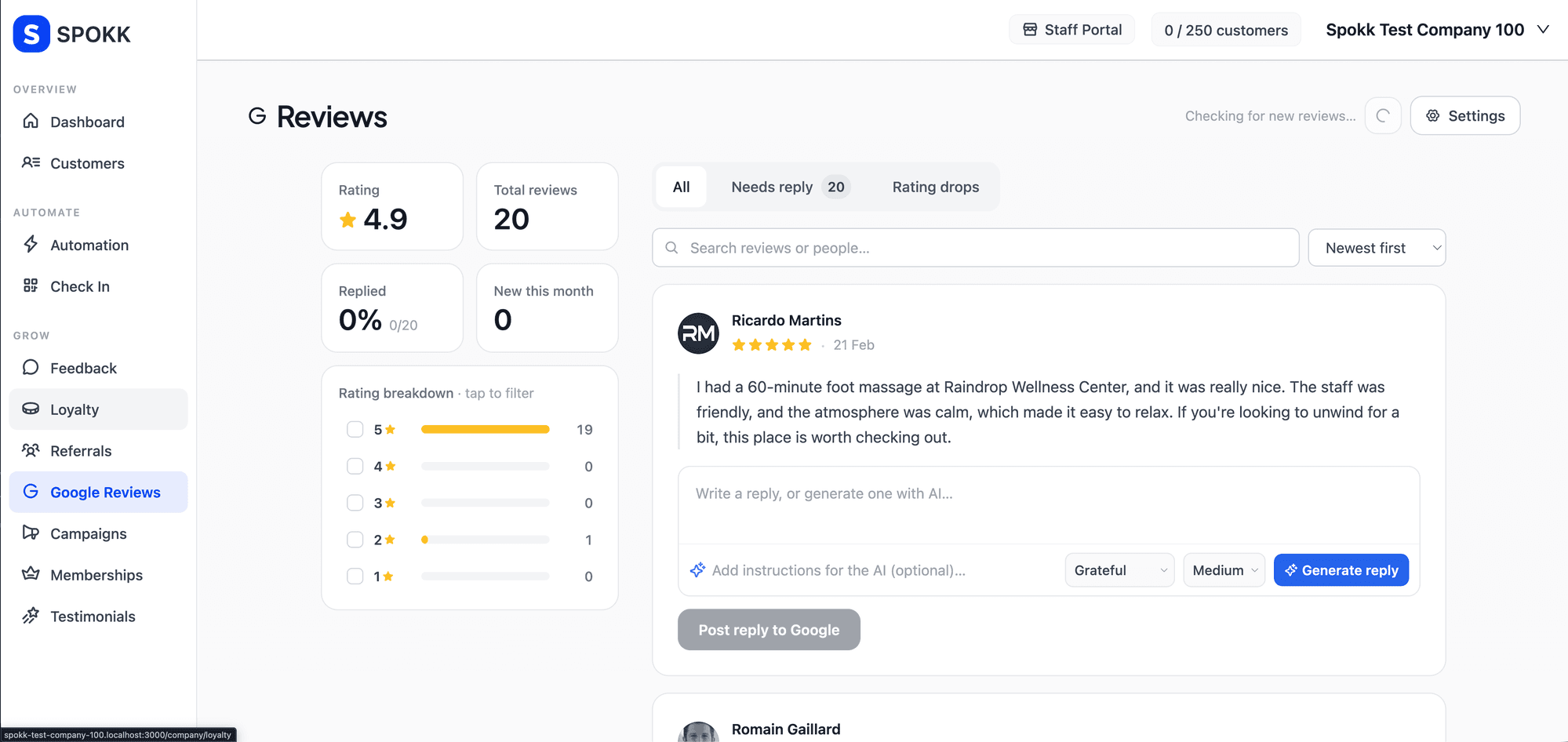 Spokk Google Reviews dashboard showing the rating breakdown, a five-star review from a customer, and the AI reply composer ready to generate a response