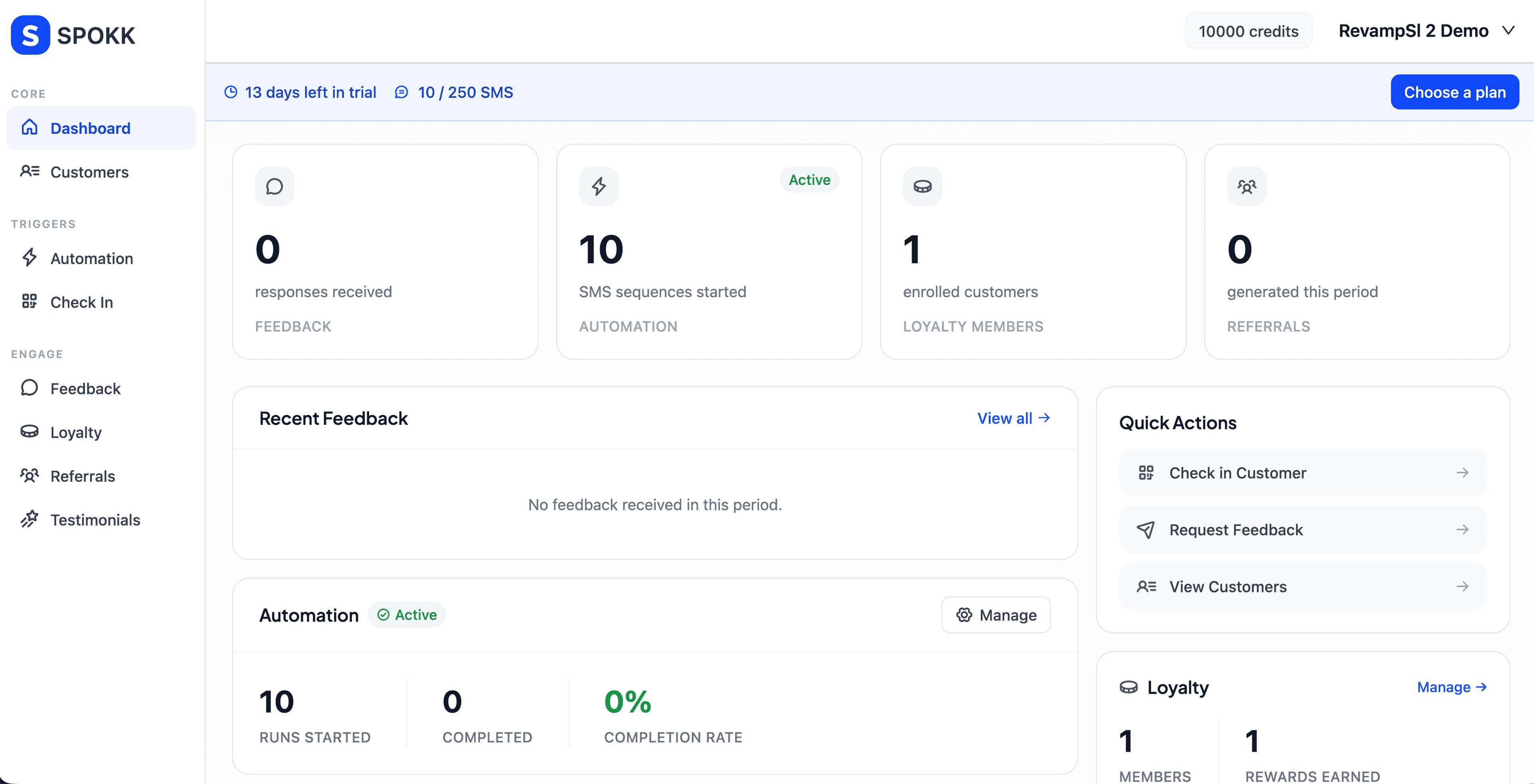 Spokk dashboard showing feedback, automation, loyalty, and referral overview